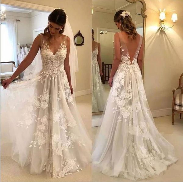 Cheap Beach Style V Neck A Line Lace Applique Backless Floor Length Wedding Dreses Pleats Custom Made Bridal Wedding Gowns Cheap Wedding Expensive