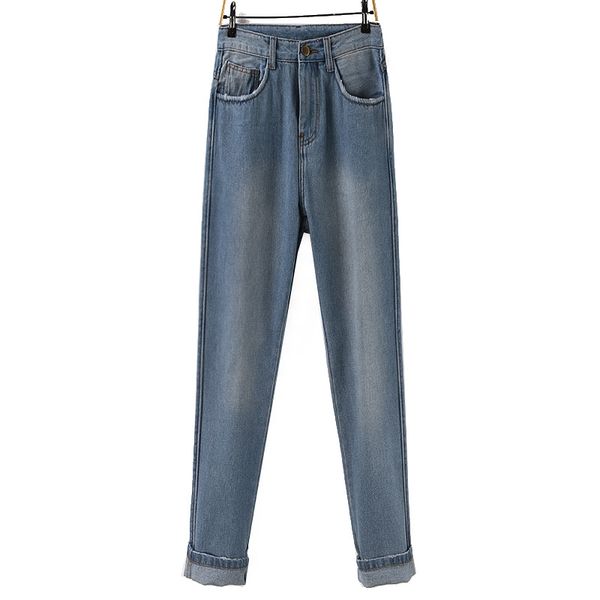 

harem pants ankle length woman high waist jeans bleached zippers pockets button washed casual loose softener cotton, Blue