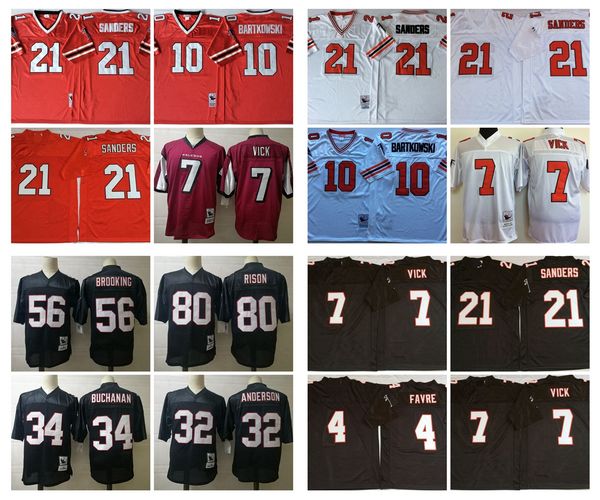 

vintage atlanta falcons nfl 21 deion sanders brett favre 7 michael vick 10 bartkowski 56 brooking 80 rison buchanan football jerseys, Black;red