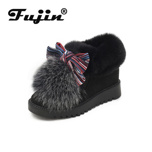 

fujin winter boots for women platform wedge heel real fur boots shoes plush warm female booties bow tie fashion pumps boots, Black