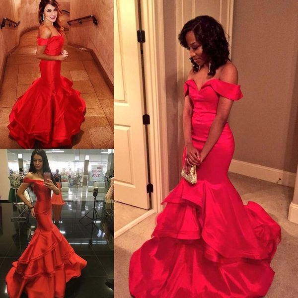 

2020 new burgundy mermaid prom dresses off shoulders cap sleeves tiers skirt backless vestidos de fiesta evening party gowns, Black;red