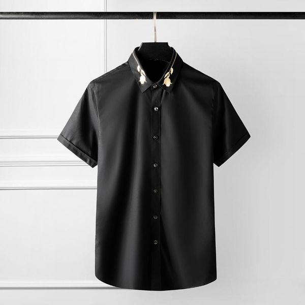 

100% cotton men shirt luxury rose three dimensional embroidery mens dress shirt trend short sleeve slim fit casual, White;black