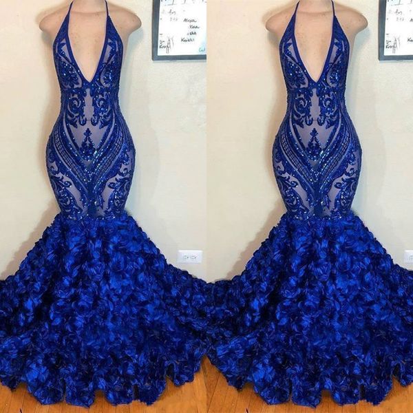 

royal blue prom dresses 2019 floral ruffles sequins lace appliques halter mermaid evening gowns custom made special occasion dress, Black