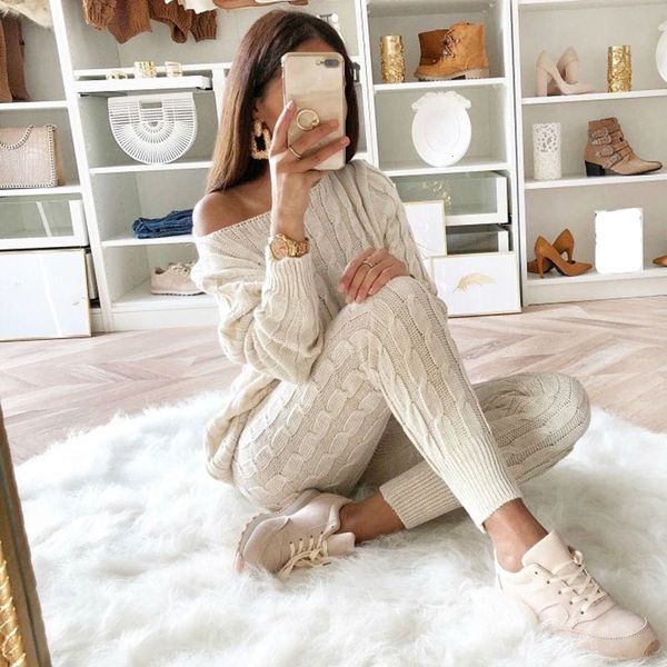 

autumn new cotton tracksuit women 2 two piece set pants knitted suit o neck knit set women outwear two piece set, White