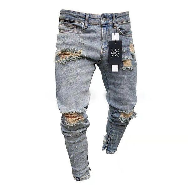 

mens pants jeans men spring men clothes denim pants distressed slim fit casual trousers stretch ripped jeans ing, Blue