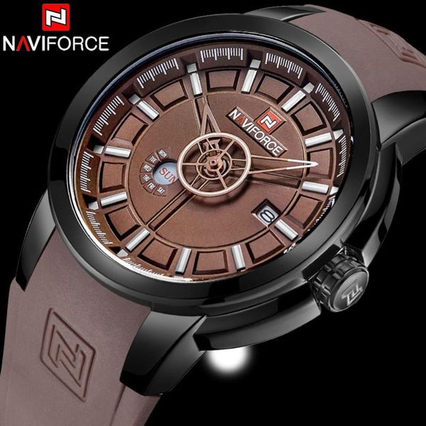 

naviforce brand men's quartz wach men 30m waterproof sports waches coffee rubber band calendar wristwatches relogio masculino, Slivery;brown