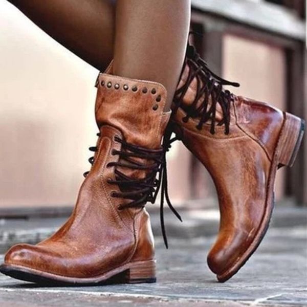 

winter women biker boots wipe color pu leather rivet square heel round toe soft casual lace up platform ladies shoes botas mujer, Black