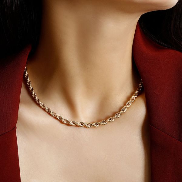 

simple vintage twisted thick chain copper beads ball pendant necklace for women geometric choker collar necklace jewelry xr2901, Golden;silver