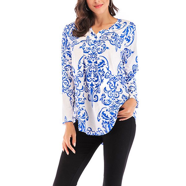 

women's irregular t-shirt long sleeve plus size clothing v-neck printed shirts loose spring tee ropa mujer casual shirt, White