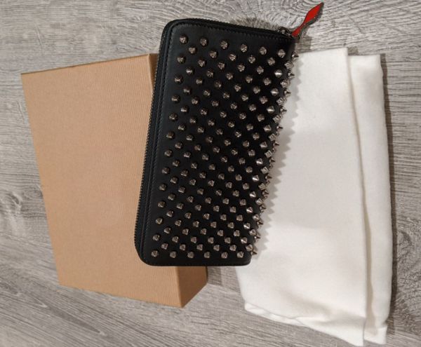 

designer real leather long wallets pruse male clutch zipper around rivet wallets men women money bag pocket long wallet box, Red;black