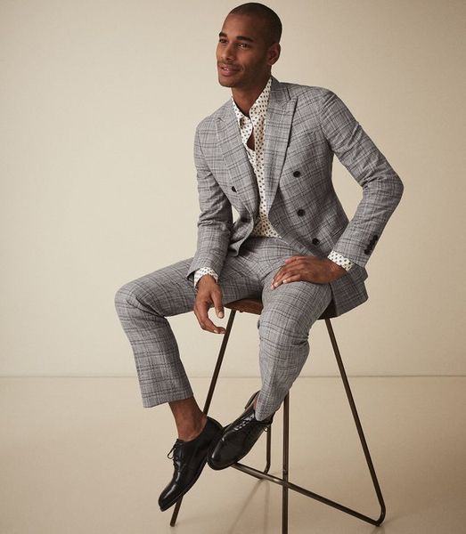 

grey black plaid groom wedding tuxedos slim fit three button mens prom designer jackets men blazer (jacket+pants), Black;gray