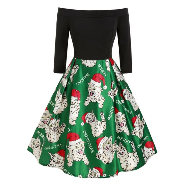 

christmas casual vintage dress women off shoulder print vintage evening party dress flare ropa de mujer de fiestas #y2, Black;gray