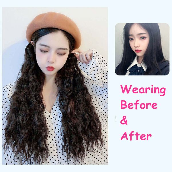 

synthetic cap wigs knitted wool cap wigs curly hair easy fashion women knit hat straight long big wavy curly hair beret new design, Black