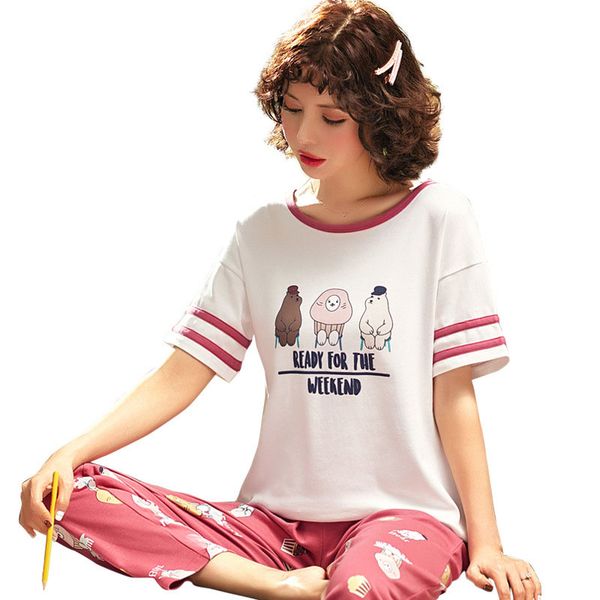 

2019 summer cotton short-sleeved ladies pajamas fashion cute girl cropped pants suit indoor or out clothing two-piece suit, Blue;gray