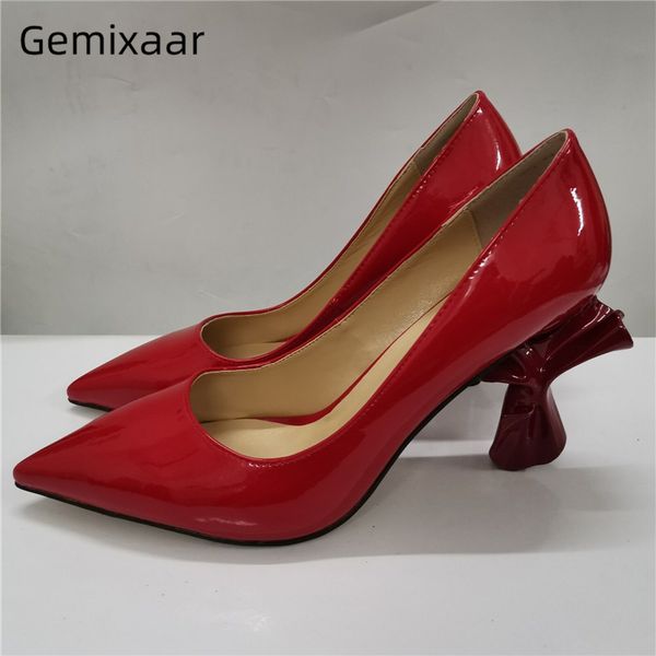

pleated flower strange heel dress shoes woman red patent leather pointed toe slim high heel pumps women, Black