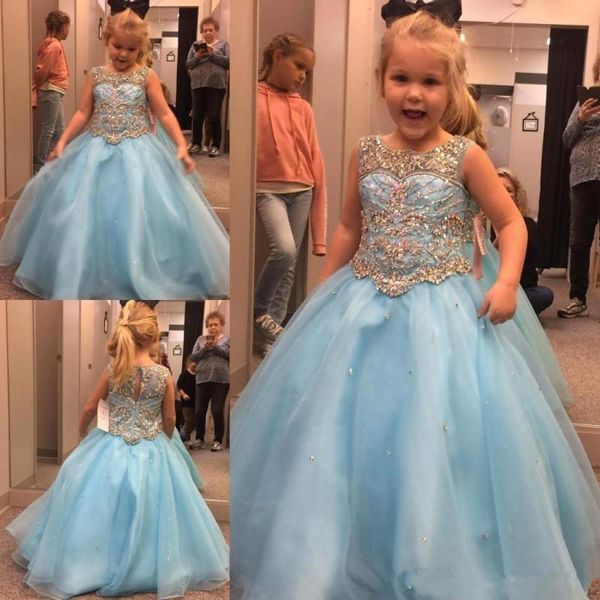 

2020 New Light Sky Blue Gold Appliques A Line Girls Pageant Dresses Crystals Beaded Kids Formal Wear Gowns Flower Girl Dresses Custom Made, White;blue