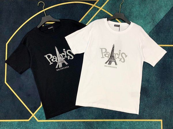 

2020 french early spring and summer latest fashion letter tower print t-shirt men and women high-quality casual black white wild casual tee, White;black