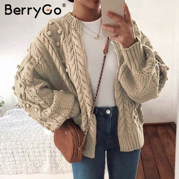 

berrygo vintage pompon twist knitted women cardigan zipper o neck casual ladies sweater fashion autumn female outwear cardigan, White