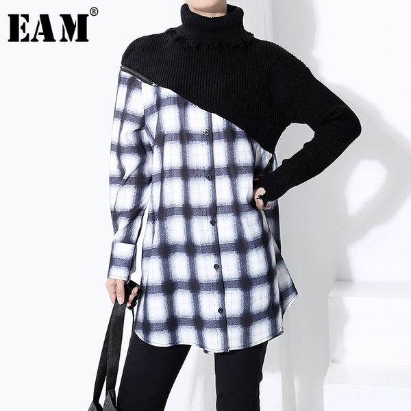 

eam] women black plaid split knitting blouse new high collar long sleeve loose fit shirt fashion tide spring autumn 2019 1m820, White