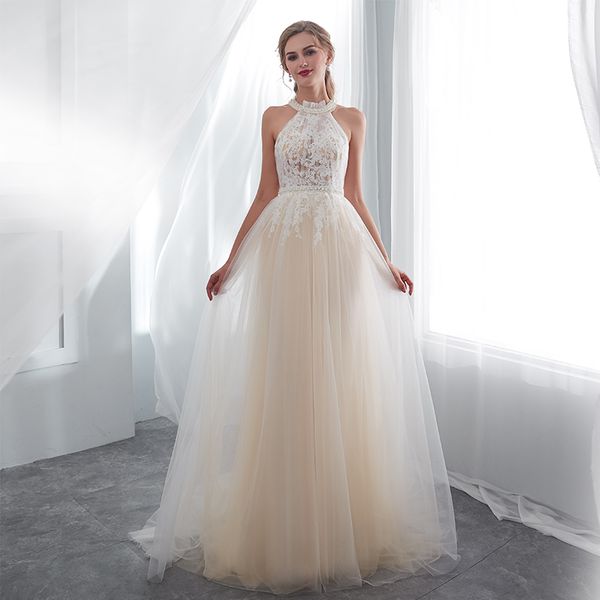 

light champagne prom dresses halter pearls appliques full length illusion formal party gowns dresses real p prom gowns 2019, White;black