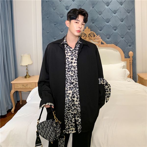 

male vintage streetwear hip hop shirt outerwear men long sleeve leopard splice loose casual shirt cardigan, White;black