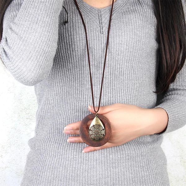 

women girls vintage water drop shaped wood sweater pendant necklace chain, Silver