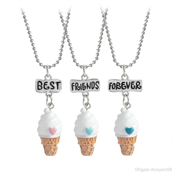 

friends forever necklaces bff ice cream pendant necklace ladies kids children mini food friendship statement jewelry gift 3pcs/set, Silver