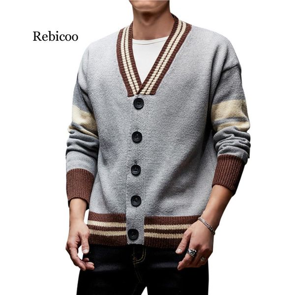 

2019 new men's button cardigans sweaters trend casual striped pullover v-neck thick sweater stretch male outerwear clothing, White;black