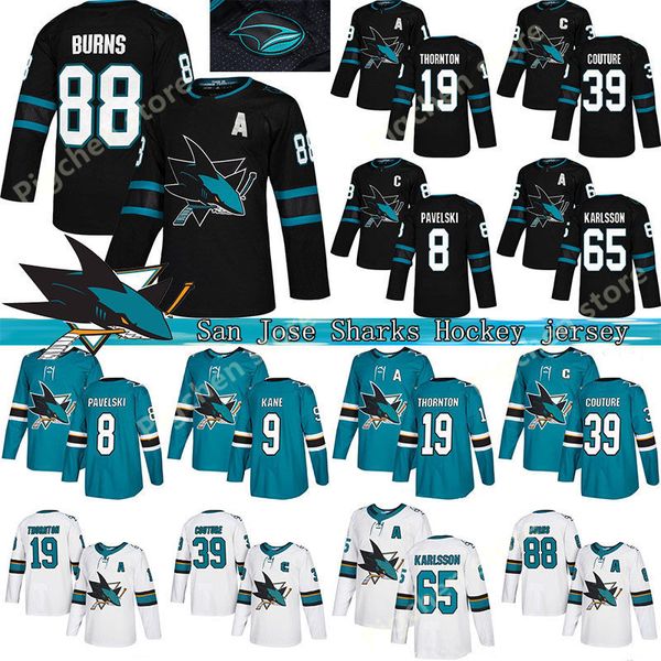 

san jose sharks 8 joe pavelski 19 thornton 88 brent burns 9 evander kane 65 erik karlsson couture green white 2018 hockey jerseys, Black;red
