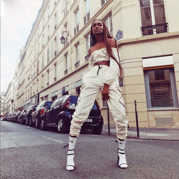 

neck off shoulder women two pieces sets autumn zipper bandage crop drawstring high waist pants tanksuits, Gray