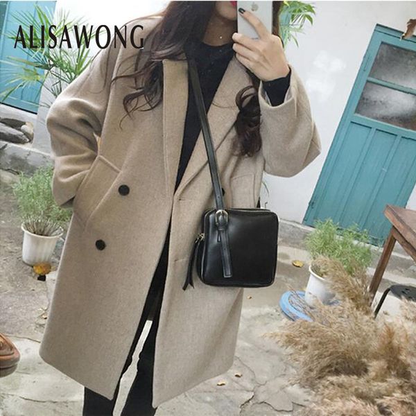 

autumn winter korean women pocket wool coat 2019 new fashion double-breasted medium long loose jacket woman wool outerwear, Black
