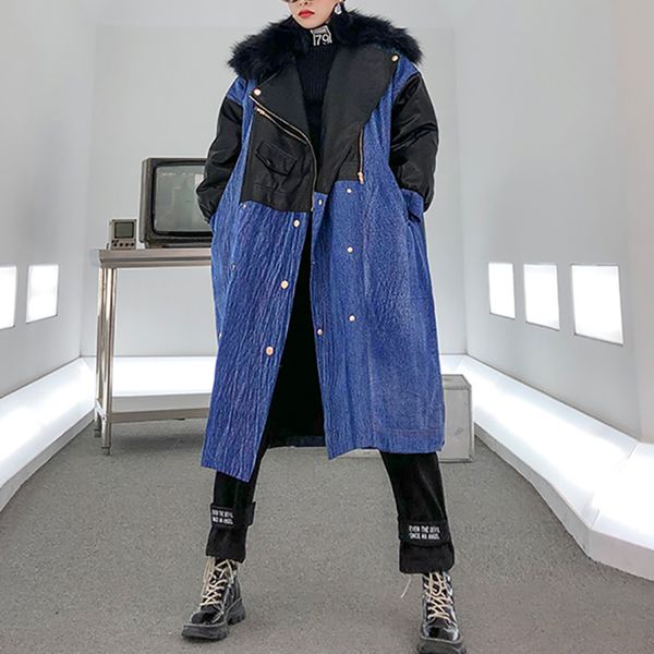 

seebeautiful new fashion 2020 spring winter lapel long sleeve denim stitching pu double breasted lagre size overcoat women q741, Black