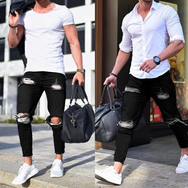 

men's fashion denim cotton straight hole pocket trouser distressed jeans pant#4a16 slim fit solid comfortable casual, Blue