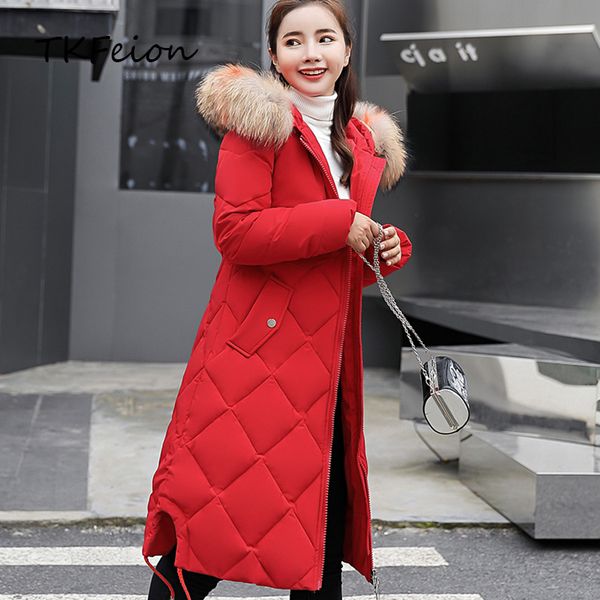 

2018 women's winter coats warm cotton-padded jacket with fur collar fashion female overcoats slim long style ladies hooded parka, Black