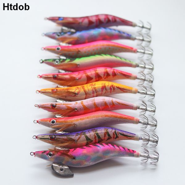 

htdob 10pcs/set wood shrimp squid fishing bait 2.0# 2.5#-3.0#hook wooden shrimp squid jigs sea fishing lures artificial lure