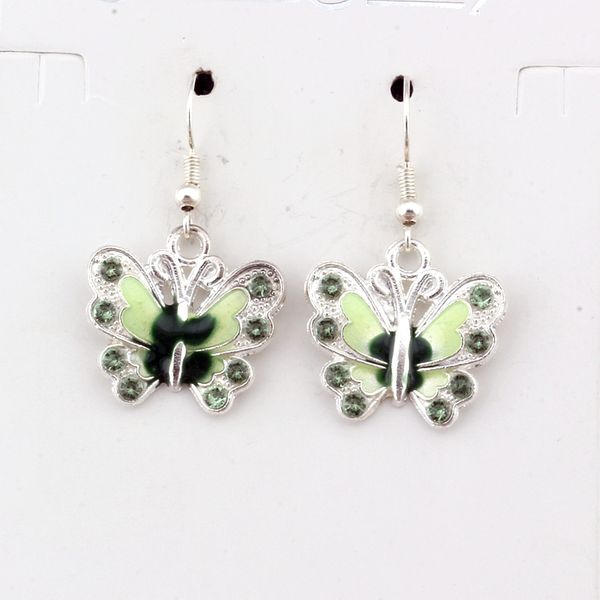 

Green Rhinestone Enamel Butterfly Alloy Charm Earrings silver Fish Ear Hook 10pairs/lot Chandelier Jewelry 22x37mm A-506e