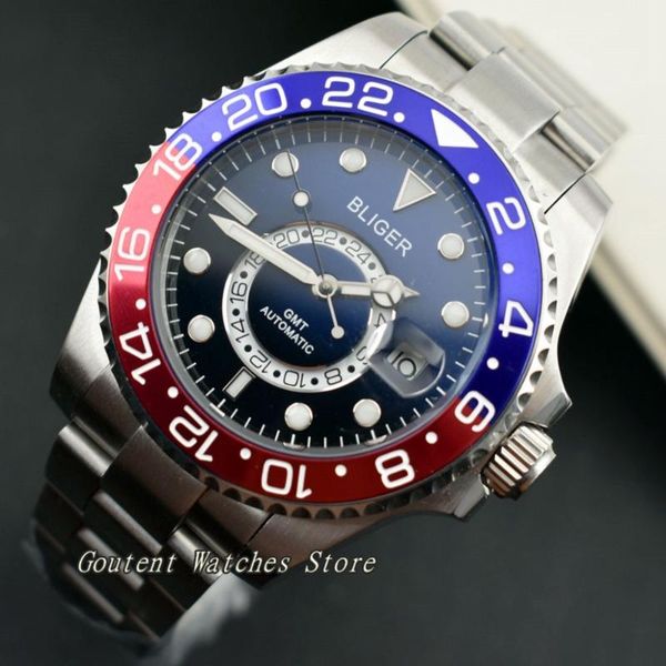 

43mm bliger sterile luminous titanium/ceramic bezel black&blue dial automatic men's watch, Slivery;brown