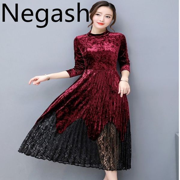 

4xl plus size pleated velvet dress women long sleeve a line long dress high low lace elegant vestidos femininos negash, Black;gray