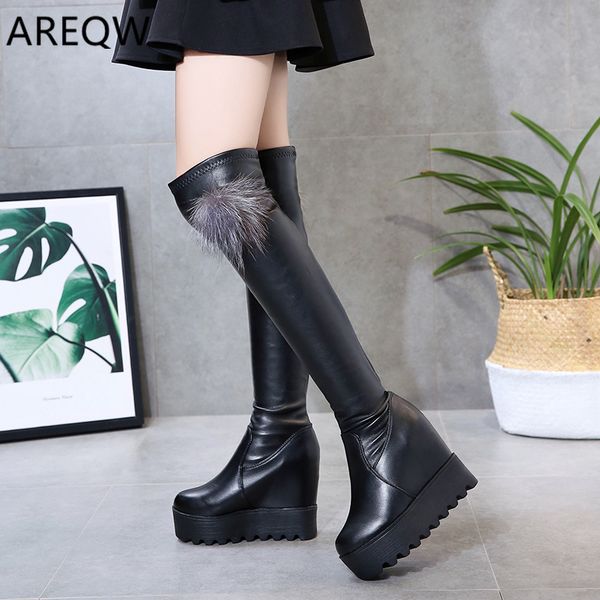 

2019 fashion leather over the knee boots ladies round head sleeve women's boots flat waterproof platform women's shoes, Black