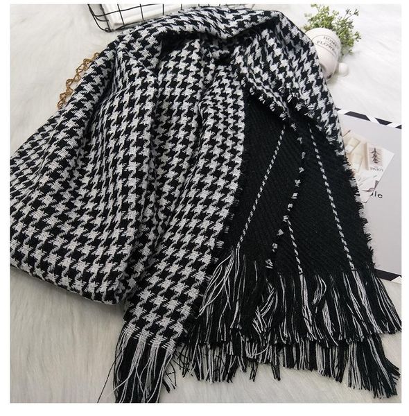 

new fashion winter houndstooth long fringed shawl scarf for women cashmere scarves wraps soft pashimina female echarpe bufandas hombre, Blue;gray