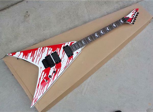 

white v shaped electric guitar with blood pattern,floyd rose,rosewood fingerboard,can be customized as request