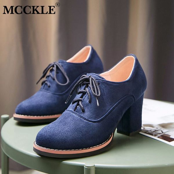 

mcckle autumn shoes women pumps suede nubuck lace up chunky heels ladies fashion platform female shoes casual new footwear, Black