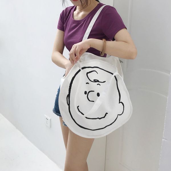 

2020 new fashion women shoulder bags canvas cotton cartoon printing casual characters bucket simple student wild shopping bags