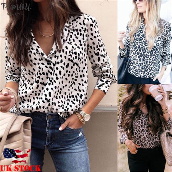 

fashion women long sleeve polka dot leopard blouse v neck shirt ladies ol party dames streetwear blusas femininas elegante plus size, White