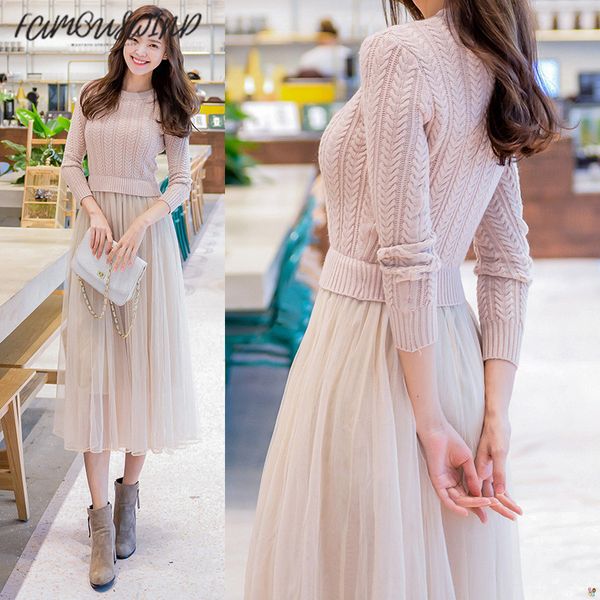 

dress sweater autumn winter dresses long sleeve polyester sweater mesh office women dress patchwork casual long dress designer clothes, Black;gray