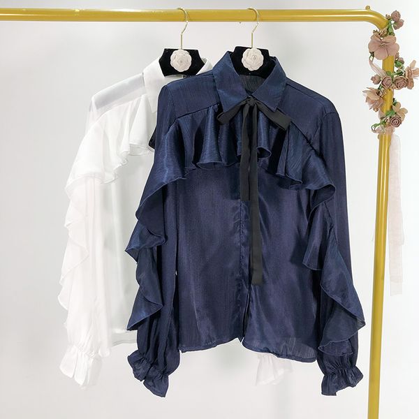 

spring fashion office work shirt patchwork ruffles full sleeves loose casual lady blouse female clothes, White