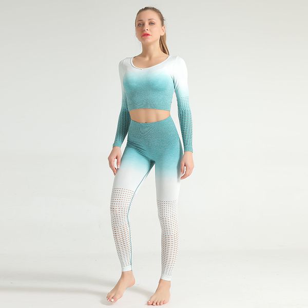 

2 шт. набор женщин бесшовные йога набор выдалбливают спортивные костюмы фитнес одежда с длинным рукавом растениеводство топ + спортивные лег