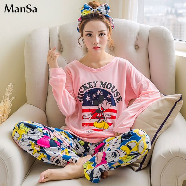 

2019 spring autumn women pajamas set thin cartoon printed pijama long sleeve pink sleepwear suit casual homewear female pyjamas, Blue;gray