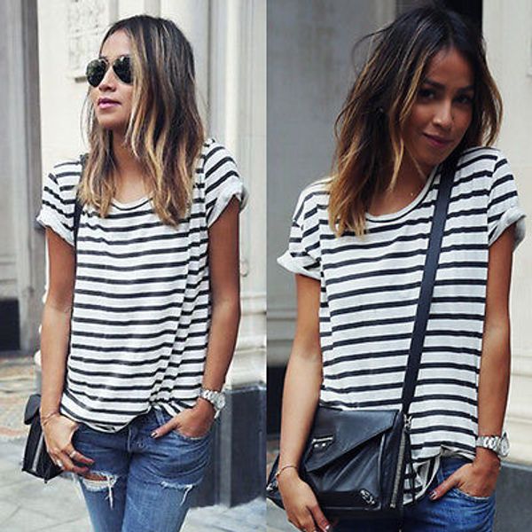 

new summer women o-neck t-shirt short sleeve striped t shirts tees blusas femininas s  l xl plus size, White