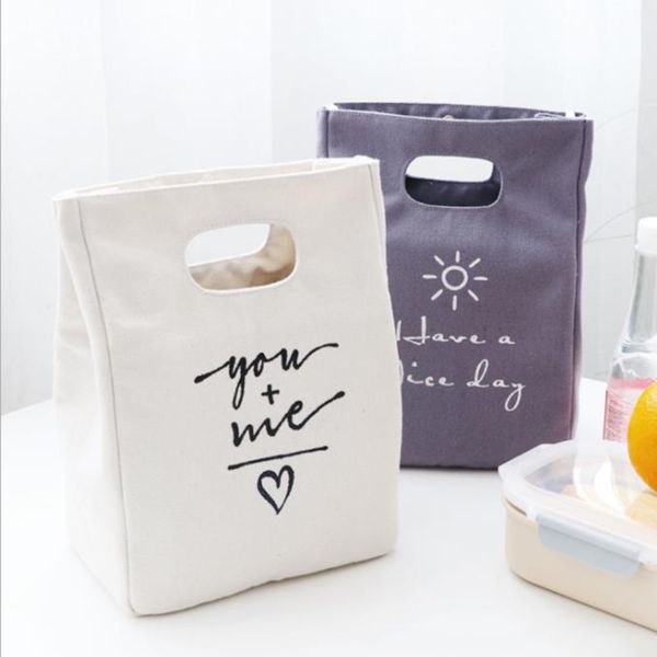 

cotton canvas lunch box insulation bag picnic bag simple letter type large capacity multi-purpose cloth foods organizer, Blue;pink